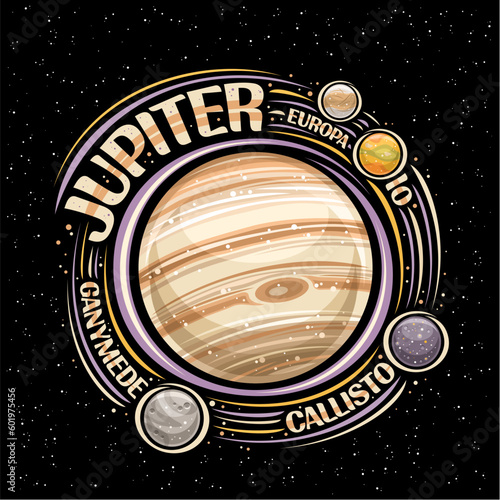 Vector logo for Jupiter, decorative fantasy print with rotating planet jupiter and moons, gas surface with great red spot, cosmo sign with unique lettering for text jupiter on dark starry background