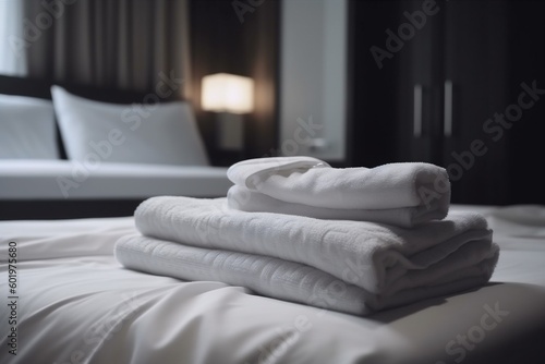 towel white bed hotel room fresh service resort luxury home. Generative AI. © VICHIZH