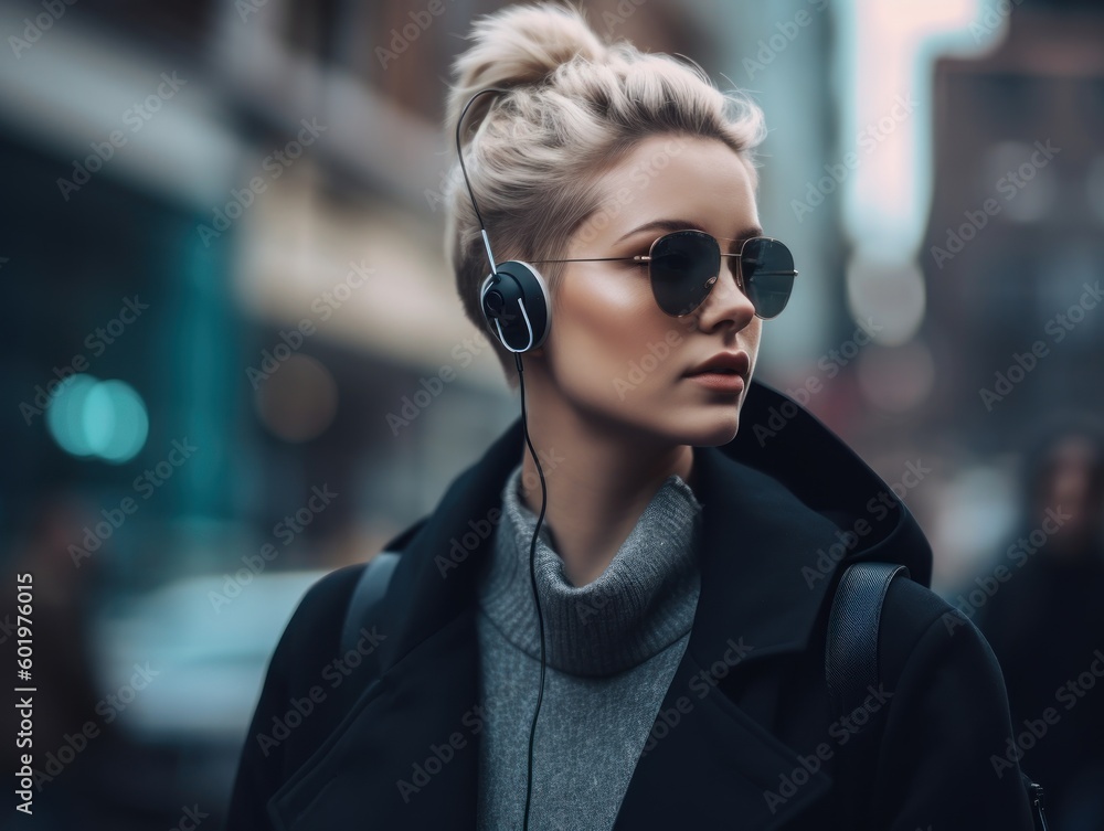 A lifestyle image of a stylish and fashionable Caucasian woman, sporting trendy wireless earbuds, walking confidently on a busy city street. Generative AI A lifestyle image of a stylish and fashionable Caucasian woman, sporting trendy wireless earbuds, walking confidently on a busy city street. Generative AI