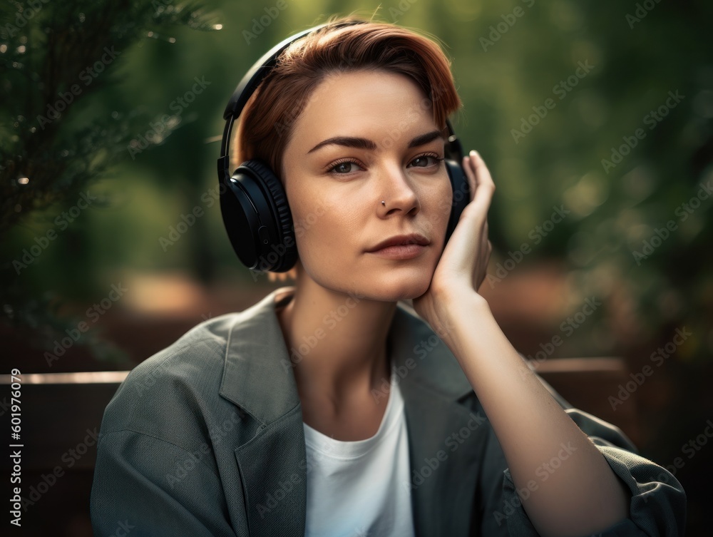 A relaxed portrait of a Caucasian woman with closed eyes, wearing stylish wireless headphones, sitting on a bench in the park with a peaceful expression, surrounded by greenery. Generative AI A relaxed portrait of a Caucasian woman with closed eyes, wearing stylish wireless headphones, sitting on a bench in the park with a peaceful expression, surrounded by greenery. Generative AI