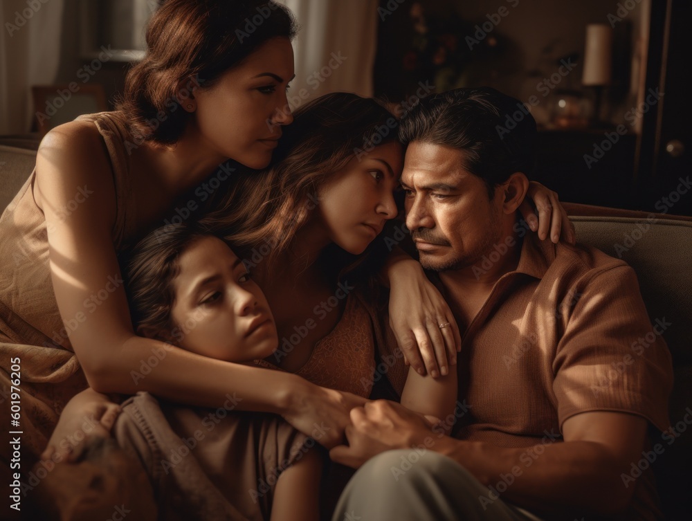 A warm and cozy image of a Hispanic family cuddled up on a couch, watching a movie together. Generative AI A warm and cozy image of a Hispanic family cuddled up on a couch, watching a movie together. Generative AI