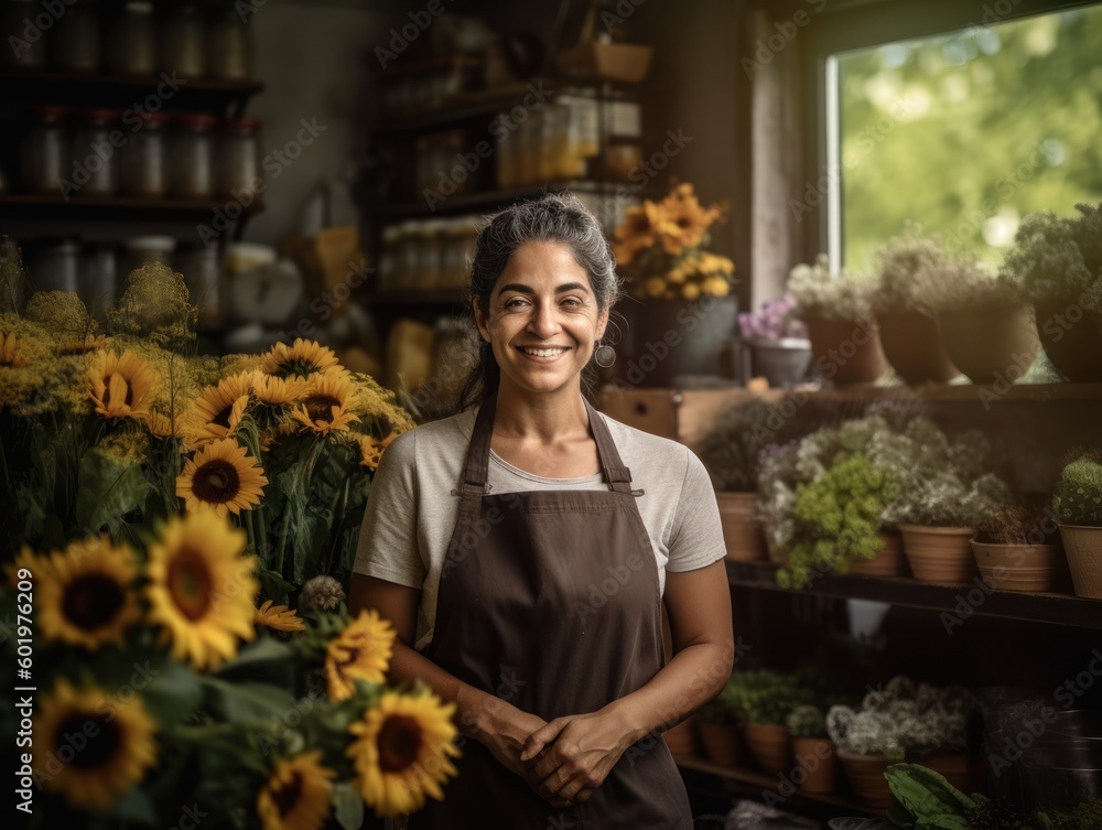 An elegant Hispanic woman with a big smile, standing behind the counter of her plant shop surrounded by shelves of plants and flowers. She holds a bouquet of vibrant sunflowers. Generative AI