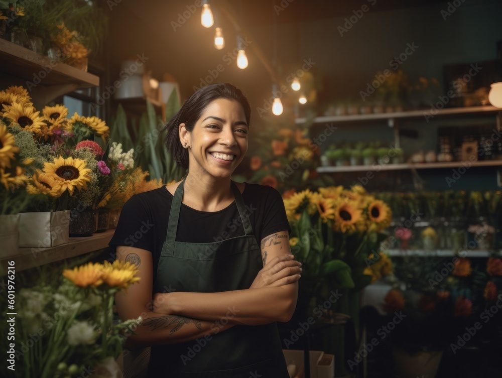 An elegant Hispanic woman with a big smile, standing behind the counter of her plant shop surrounded by shelves of plants and flowers. She holds a bouquet of vibrant sunflowers. Generative AI