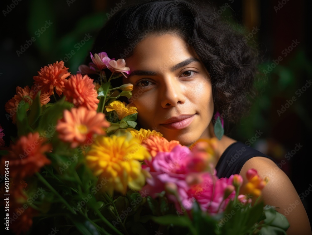 Close - up portrait of a radiant Hispanic woman holding a potted plant with lush green leaves, surrounded by a colorful array of blooming flowers. Generative AI Close - up portrait of a radiant Hispanic woman holding a potted plant with lush green leaves, surrounded by a colorful array of blooming flowers. Generative AI
