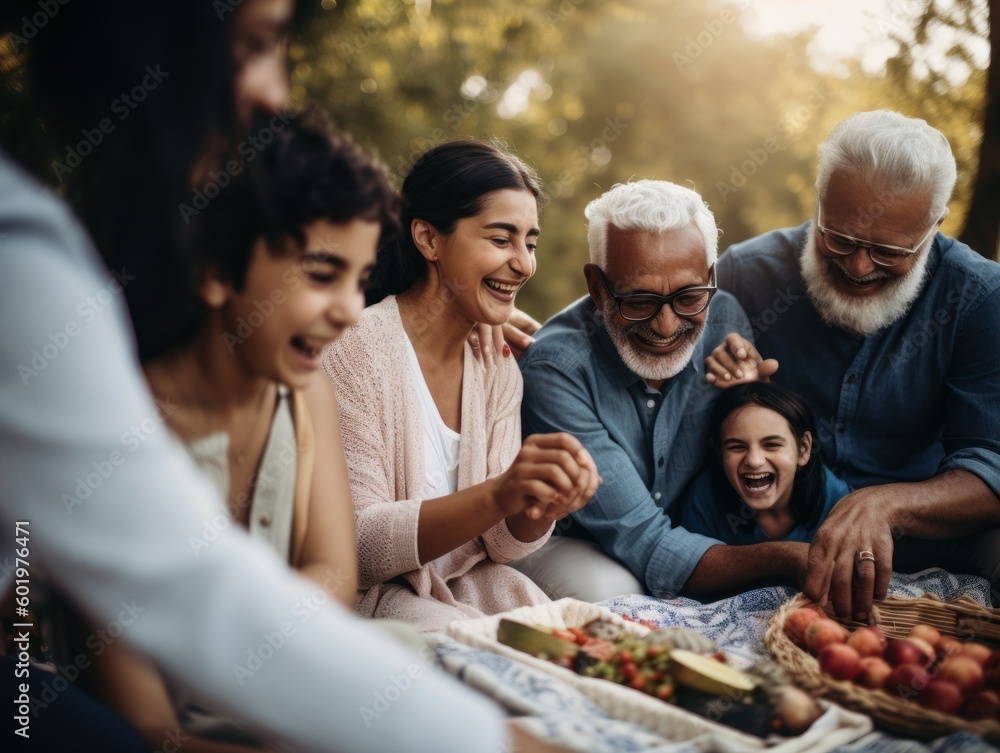 close - up shot of a multi - generational family laughing and sharing a meal together on a picnic blanket in a peaceful. Generative AI