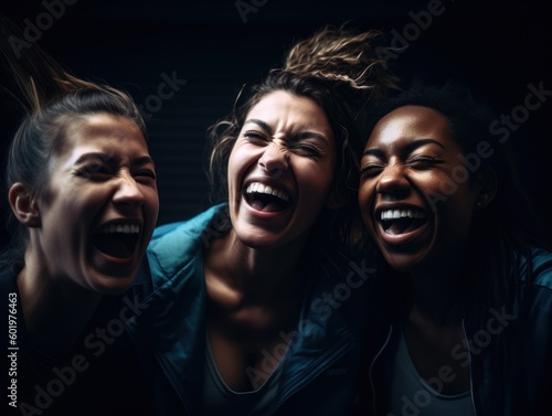 Candid snapshot of three sporty girlfriends sharing a moment of laughter and joy in a bright and modern sports studio. Generative AI