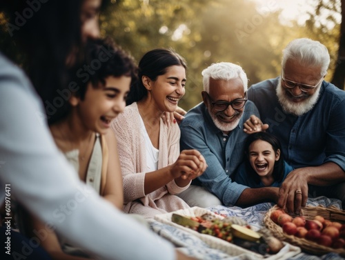 close - up shot of a multi - generational family laughing and sharing a meal together on a picnic blanket in a peaceful. Generative AI