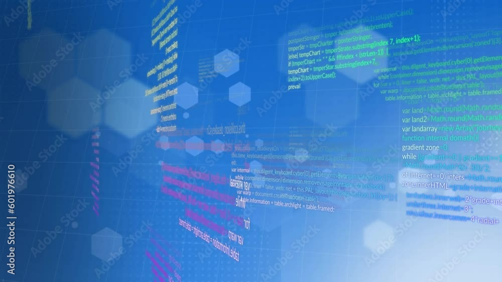 Animation of data processing and hexagonal shapes against blue gradient background Animation of data processing and hexagonal shapes against blue gradient background
