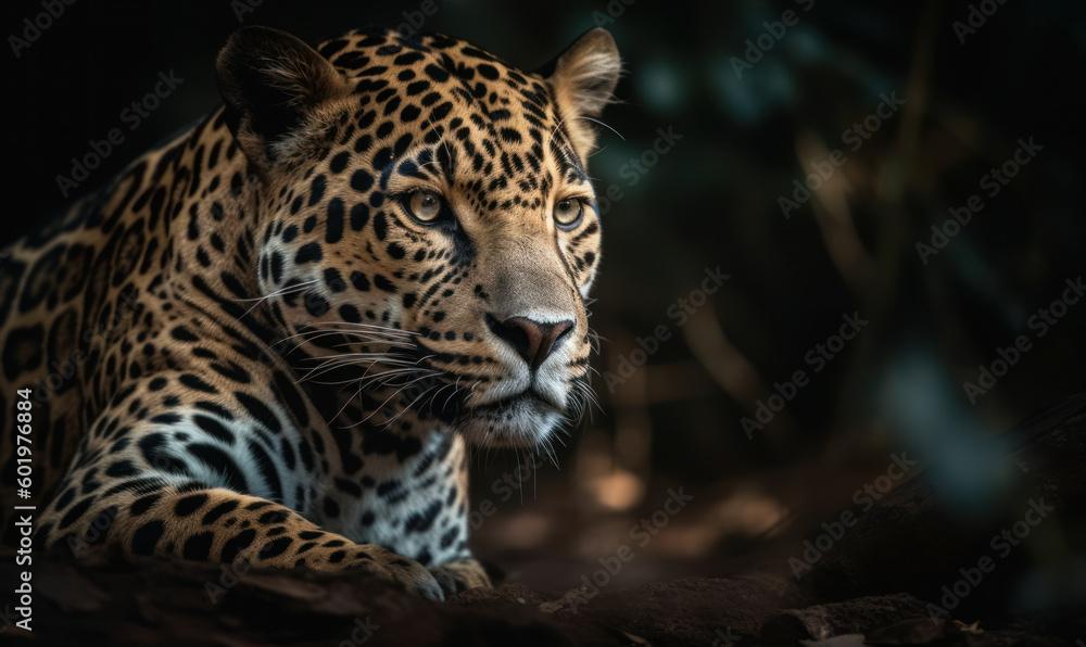 Photo of jaguar crouched & ready to pounce with intense focus. lighting highlighting jaguar's muscular form and sleek coat showcasing the raw power & beauty of this majestic predator. Generative AI