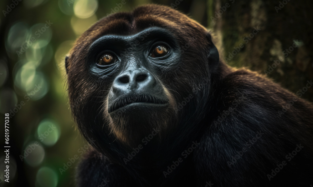 Photo of howler monkey, poised atop a towering tree in a dense rainforest. image captures monkey's thick fur, expressive eyes, and muscular physique. Generative AI Photo of howler monkey, poised atop a towering tree in a dense rainforest. image captures monkey's thick fur, expressive eyes, and muscular physique. Generative AI