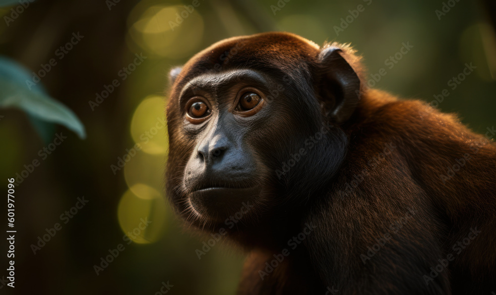 close up photo of howler monkey on bokeh rainforest background. Generative AI close up photo of howler monkey on bokeh rainforest background. Generative AI