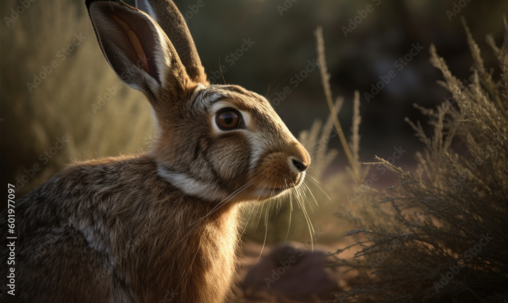 Fototapeta premium close up photo of jackrabbit on bluury background of its natural habitat. Generative AI