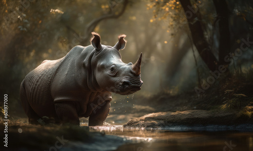 sunset photo of Indian rhinoceros standing in a forest river. Generative AI