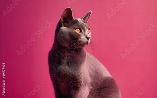 a gray cat is sitting on top of a pink background