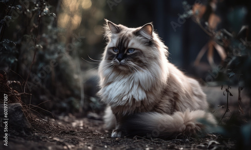 sunrise photo of Himalayan cat sitting on a forest path. Generative AI