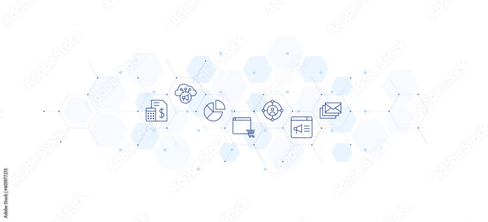Marketing banner vector illustration. Hexagon icon illustration. Containing budget, data management, cloud, online shop, target, digital marketing, spam.