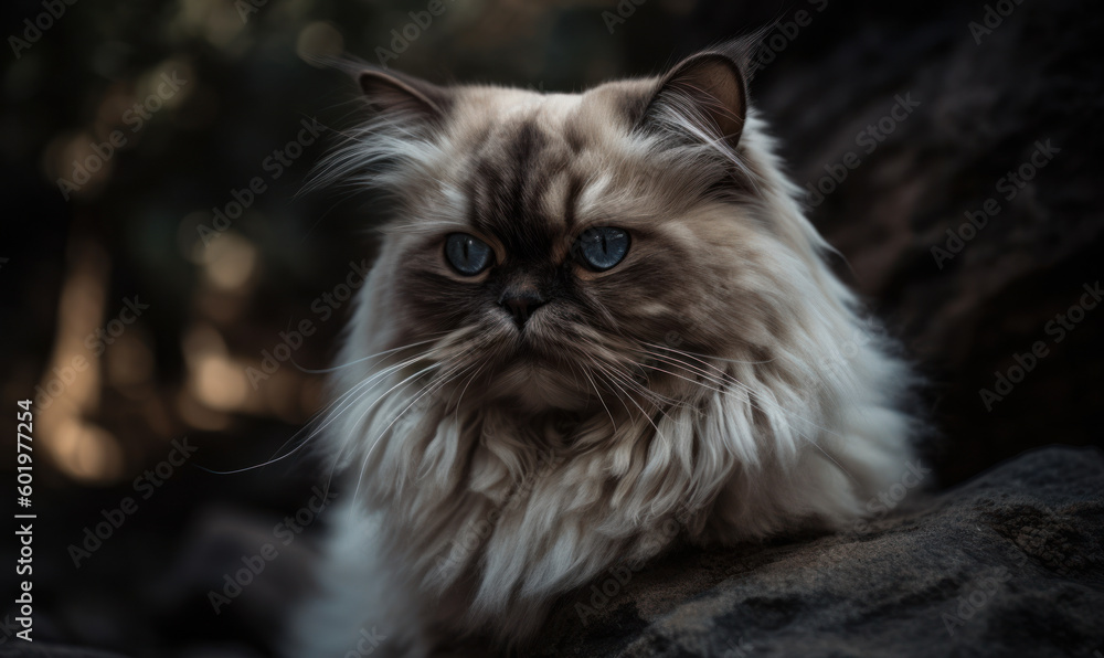 close up photo of Himalayan cat on blurry forest background. Generative AI
