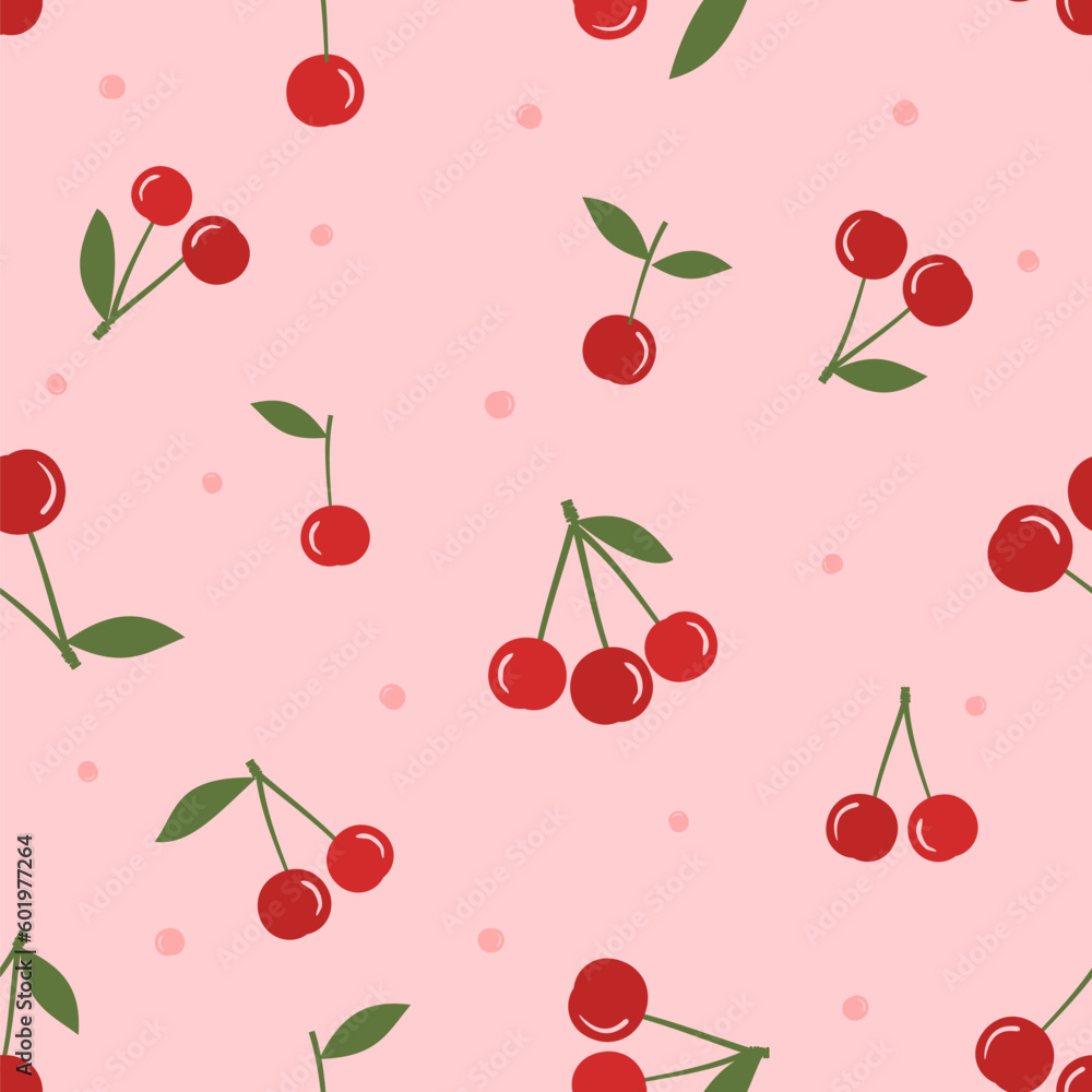 Seamless pattern of cherry fruit with green leaves on pink background vector illustration. Seamless pattern of cherry fruit with green leaves on pink background vector illustration.