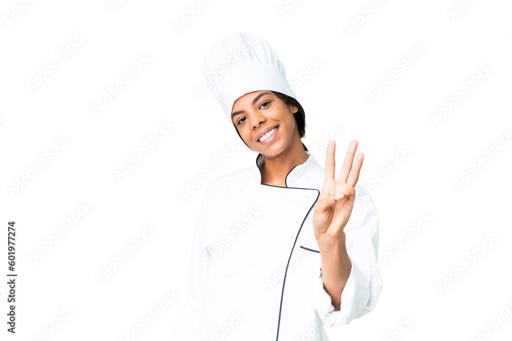 Young African American chef over isolated chroma key background happy and counting three with fingers Young African American chef over isolated chroma key background happy and counting three with fingers