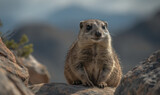 Photo of hyrax, perfectly poised on a rocky outcropping, surveying its arid desert kingdom. image is capturing every fine detail of the hyrax's compact, muscular frame. Generative AI