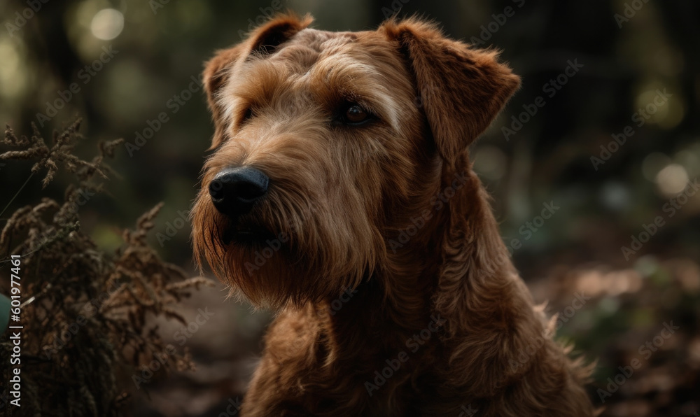 close up photo of Irish terrier on blurry forest background. Generative AI close up photo of Irish terrier on blurry forest background. Generative AI