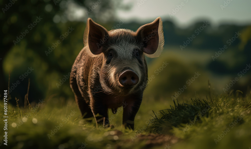 Majestic Hampshire pig surrounded by rolling green hills & grazing on lush grass. image highlights pig's muscular build & iconic coloring & shows detail of it's fur & rugged features. Generative AI Majestic Hampshire pig surrounded by rolling green hills & grazing on lush grass. image highlights pig's muscular build & iconic coloring & shows detail of it's fur & rugged features. Generative AI