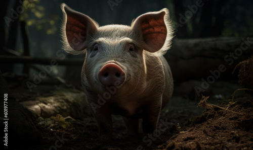 close up photo of Hampshire pig on blurry forest background. Generative AI