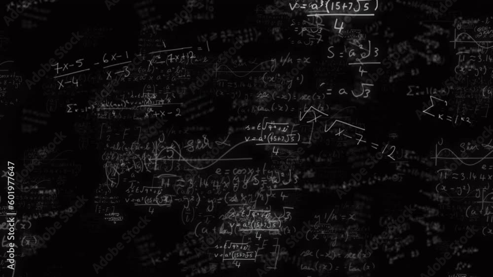 Animation of light spots over mathematical equations and formulas floating against black background Animation of light spots over mathematical equations and formulas floating against black background