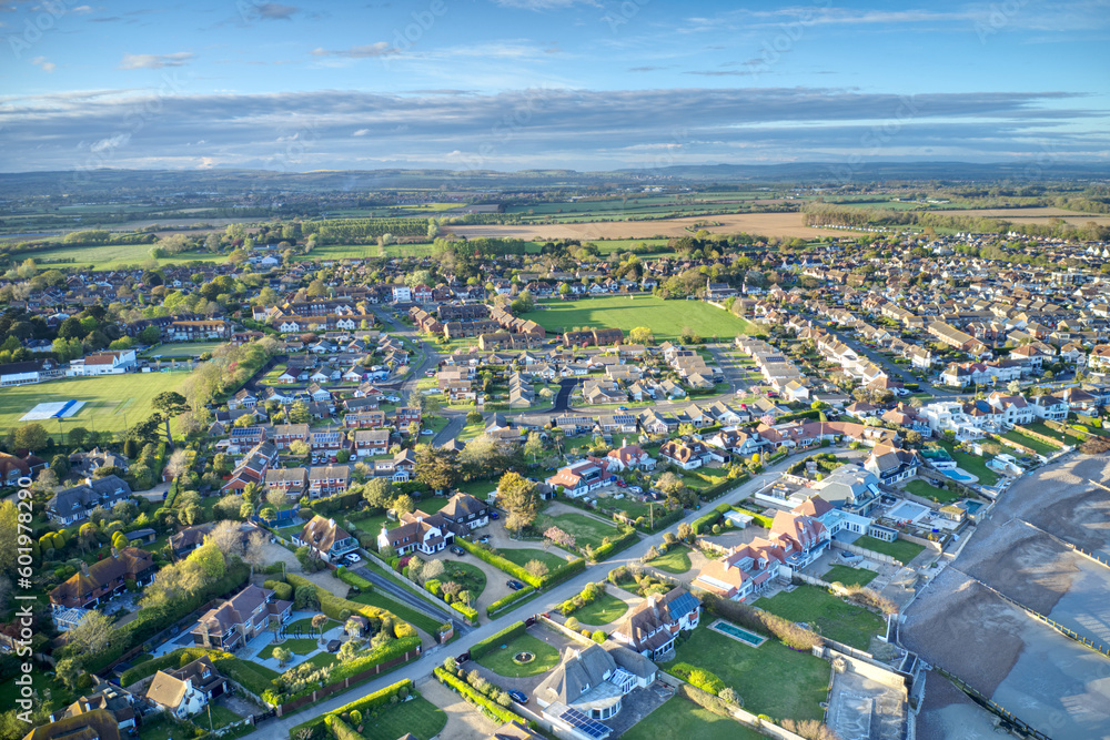 Aerial photo over Middleton on Sea in West Sussex, looking towards Middleton Sports Club and Shrubbs Field
