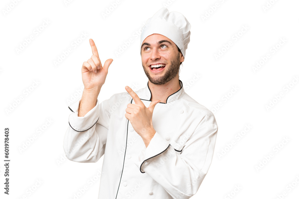 Young handsome chef man over isolated background pointing with the index finger a great idea Young handsome chef man over isolated background pointing with the index finger a great idea
