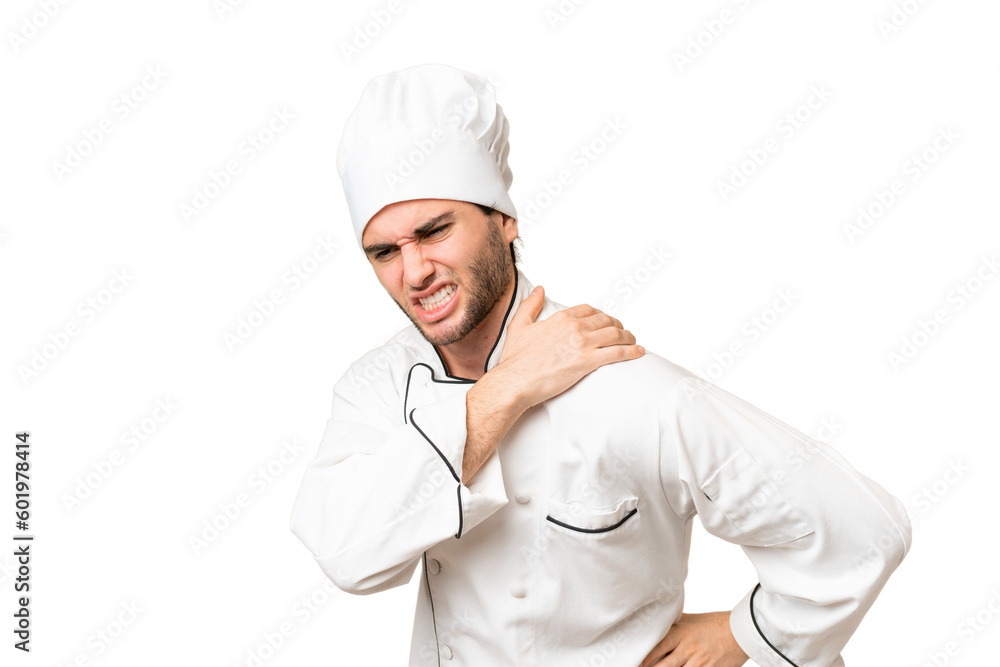 Young handsome chef man over isolated background suffering from pain in shoulder for having made an effort Young handsome chef man over isolated background suffering from pain in shoulder for having made an effort