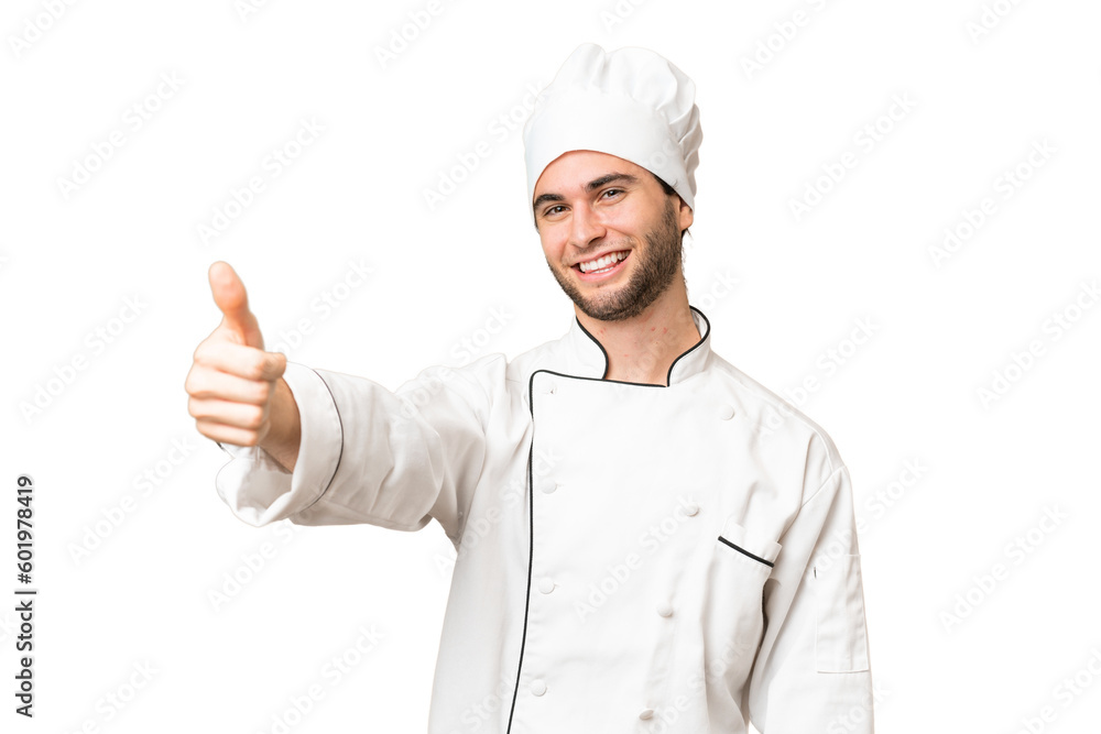 Young handsome chef man over isolated background giving a thumbs up gesture Young handsome chef man over isolated background giving a thumbs up gesture