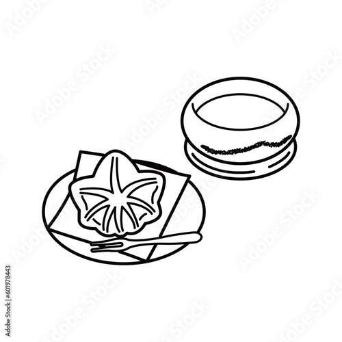 もみじ饅頭とお茶のイラスト（線画）