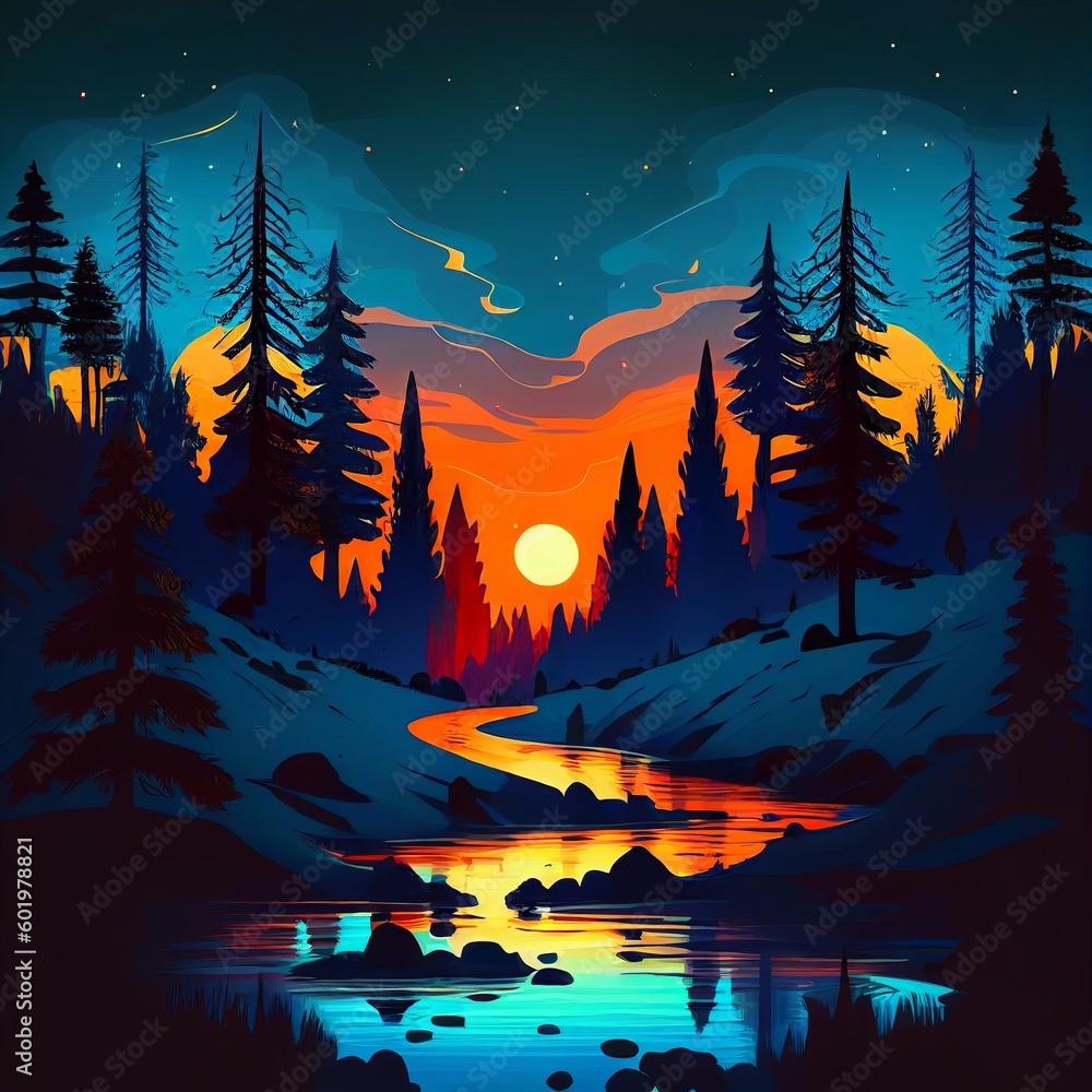 night forest at sunset silhouette, Generative AI