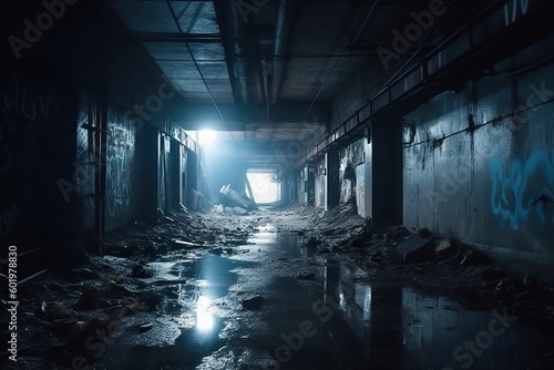 A dark and mysterious abandoned tunnel with a light shining through and some rainy water. An eerie and mesmerizing sight, AI generative photo