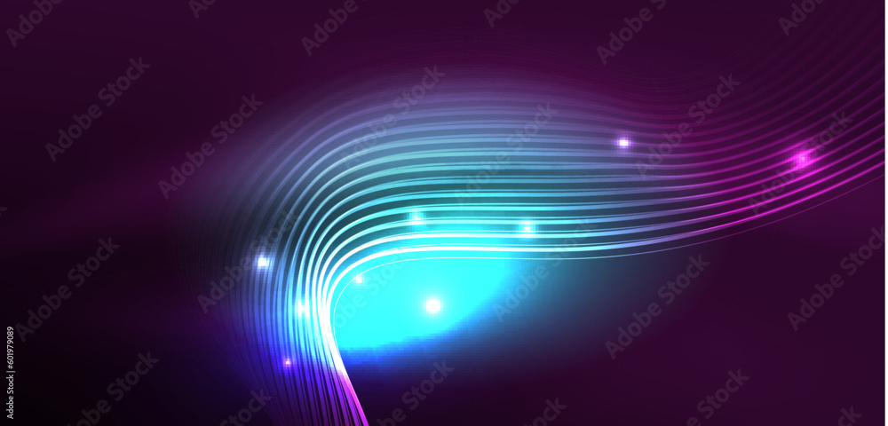 Shiny glowing neon wave. Neon light or laser show, electric impulse, power lines, techno quantum energy impulse, magic glowing dynamic lines Shiny glowing neon wave. Neon light or laser show, electric impulse, power lines, techno quantum energy impulse, magic glowing dynamic lines