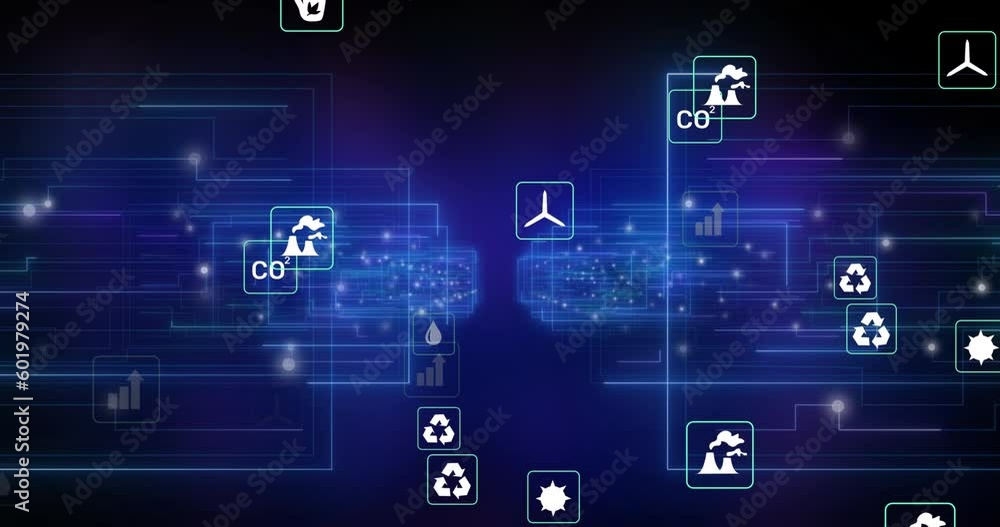 Animation of digital icons over connecting light trails against blue background