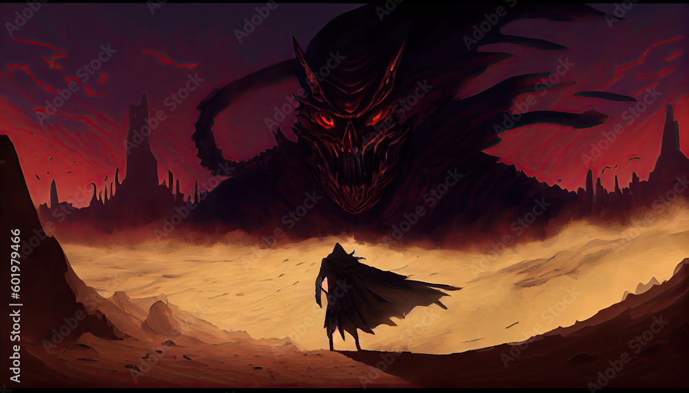 warrior facing demon in the desert, grim dark fantasy - by generative ai
