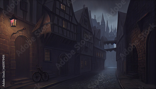 old narrow street in the night, grim dark medieval dark fantasy - by generative ai photo