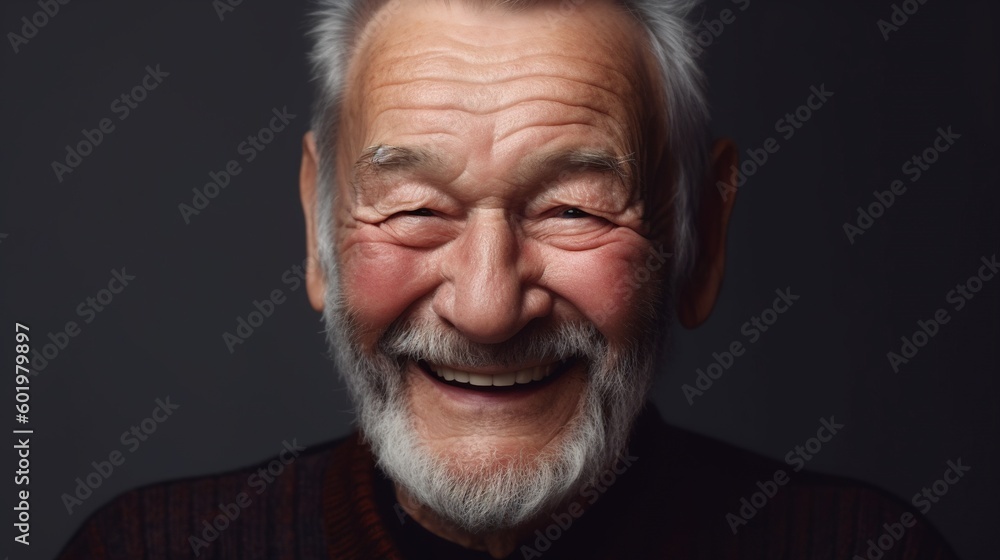 Portrait of a happy senior man smiling at the camera on a dark background.Generative Ai