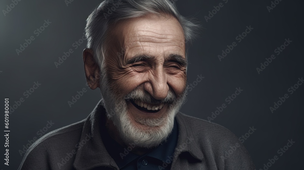 Portrait of a happy senior man smiling at the camera on a dark background.Generative Ai