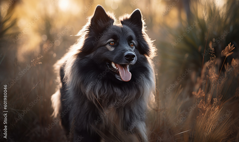 photo of happy keeshond dog in tall grass at sunset. Generative AI photo of happy keeshond dog in tall grass at sunset. Generative AI