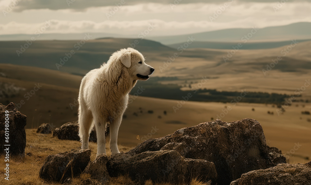 Fototapeta premium Photo of kuvasz dog, majestically standing atop a rocky outcropping overlooking a sprawling pastoral landscape. image showcases dog's thick, white coat and powerful build. Generative AI