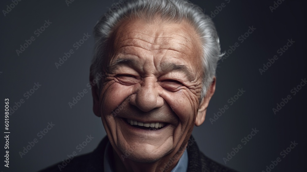 Portrait of a happy senior man smiling at the camera on a dark background.Generative Ai Portrait of a happy senior man smiling at the camera on a dark background.Generative Ai