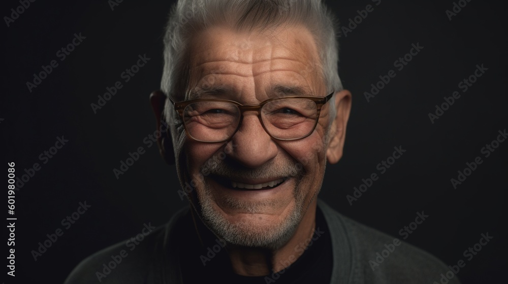 Portrait of a happy senior man smiling at the camera on a dark background.Generative Ai Portrait of a happy senior man smiling at the camera on a dark background.Generative Ai