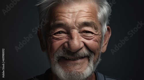 Portrait of a happy senior man smiling at the camera on a dark background.Generative Ai © Rudsaphon