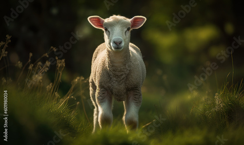 Photo of Dorset lamb standing confidently in a lush green meadow, composition highlights the lamb's sweet, innocent expression, while also conveying a sense of strength and resilience. Generative AI