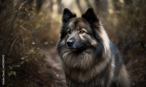 photo of keeshond on a forest path. Generative AI