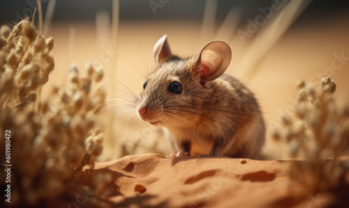 Kangaroo mouse in sandy desert landscape, featuring dunes & sparse vegetation, highlighting kangaroo mouse's natural habitat. photograph captures soft fur, long tail and large hind legs. Generative AI
