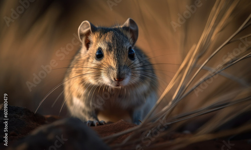 Photo of kangaroo rat in a barren, sandy landscape, with a few desert plants adding texture and depth, expertly showcasing its unique adaptations for survival. Generative AI